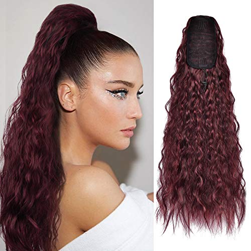Sidaila 26 Inch Long Curly Drawstring Ponytail Hair Extensions Synthetic Corn Wave Ponytail Hairpieces for Black Women (Wine Red )