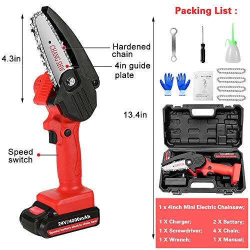 Mini Chainsaw with 2 Batteries and 4 Saw Chains, Handheld Cordless Chainsaw for Tree Branch Wood Cutting Red Battery Chainsaw