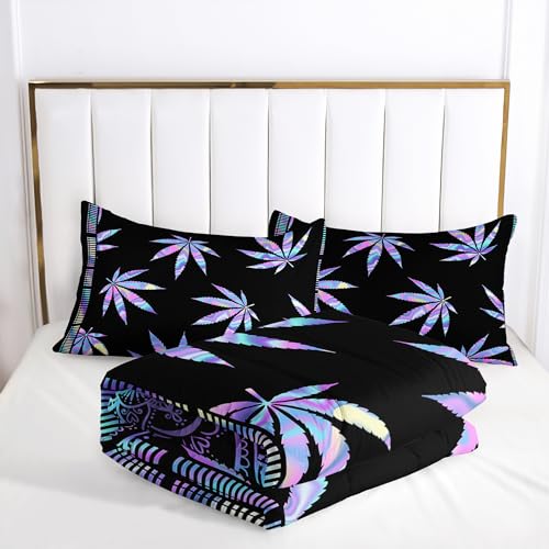Image of AILONEN Marijuana Weed Leaf Comforter Set,Cannabis Leaves Bohemian Bedding Set, Full Size Comforter Set,Colorful Bright Leaves Pattern Bed in a Bag Duvet Set 3 Pieces, 1 Quilt and 2 Pillowcases