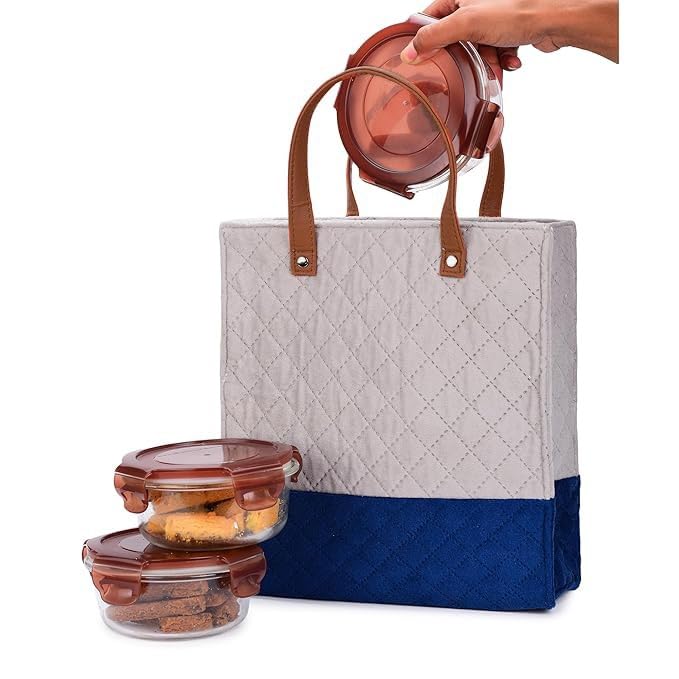 AZYEEA Lunch Bag Velvet, 10 X 11 X 4.5 inch. | Lunch Bags for Office Women | Smooth Quilted Exterior & Inner Waterproof Lining | Ideal for Gifting, 10 Litre (Blue)