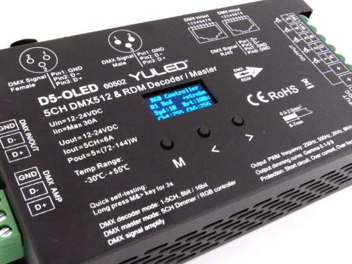 D5-OLED Display 5-Kanal DMX512 /RDM LED Controller 6A/ Kanal (30A) 12-24Volt DC 16bit XLR RJ45 Stand-alone PWM Frequenz bis 8000Hz Dimmkurve einstellbar