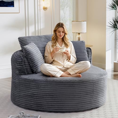 Image of Antetek 53.5-inch Round Chair, Modern Accent Corduroy Comfy Deep Seat Boneless Foam Floor Single Circle Chaise Sofa Chair with 3 Pillows for Living Room Bedroom Office, No Assembly Required, Grey