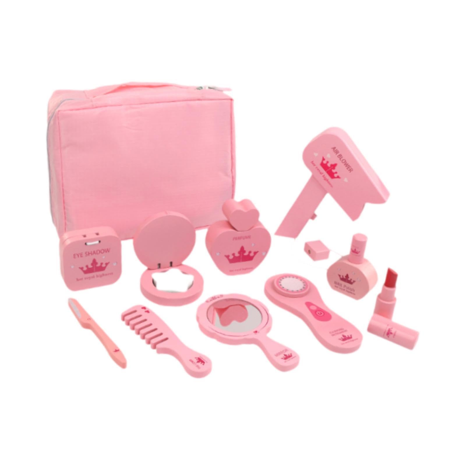 Kit Trucco Finto Bambina 10 Pezzi, Giocattolo Trucco in Legno e Stoffa, Portatile per Gioco di Ruolo