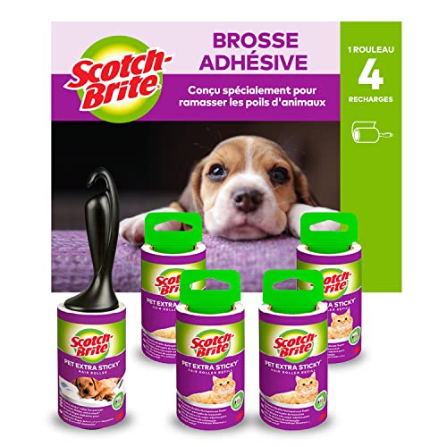 Scotch-Brite Rouleau super adhésive pour poils animaux, 48 feuilles + 4 recharges de brosse extra adhésive