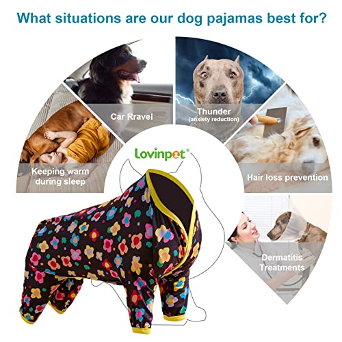 Lovinpet Dog Pajamas Xlarge - Anxiety Calming Shirt, Anti Licking Dog Pajamas, Lightweight Fabric, Vintage Happy 2 Quilted Multi Print, Large Dog Pjs, All Season Wear Dog Pj's,Black Yellow Xl #TOP2