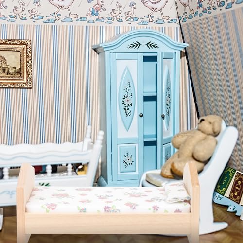 Abaodam Puppenhaus Kinderbett Puppenhausmöbel Holz -miniaturmöbel Puppenbett Mit Bettwäsche Kissen Miniaturbett Holz Dekoration Bettmodell Kinderzimmer Baumwolle