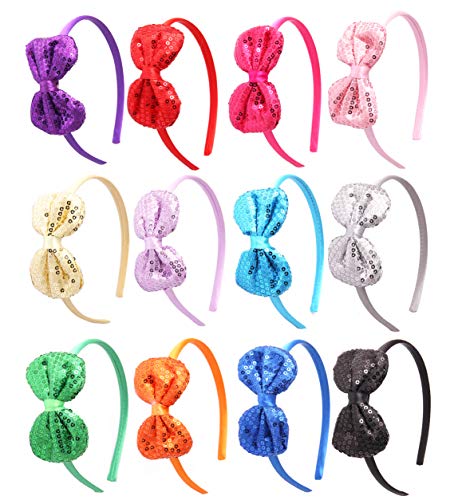 12pcs Glitter Sequin Bow Headband Shiny Bow Knot Headband for Kids Girls Hair Accessories (12 Colors)