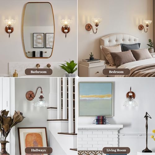 Image of 1 Piece Vintage Wall Sconce, 1-Light Matte Antique Red Bronze Finish Wall Sconce with Hanging Crystal Accents and Flower-Shaped Clear Shades for Bathroom Bedroom Living Room,Vintage Vanity Light