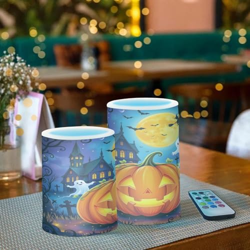 Image of Flickering Flameless Candles, Halloween Pumpkin Ghost Witch LED Candles with Remote Timer, Set of 2 Battery Operated Candle for Valentine Wedding Birthday