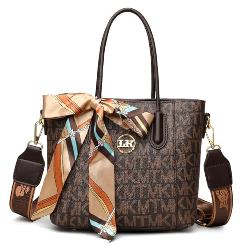 Image of Diva Dale Monogram Print Handbag, Brown Leather Shoulder Bag with Decorative Scarf, Double Handle Tote with Gold Hardware and Detachable Strap