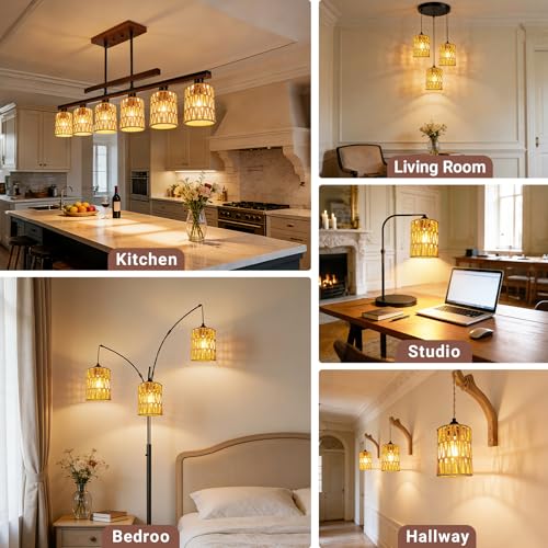 Image of 3 Pack Rattan Lamp Shades Boho Hanging Light Lamp Shades, Woven LampShades for Floor Lamps Rattan Pendant Lights Boho Lamp Ceiling Light, Table Lamps, Plug in Pendant Light