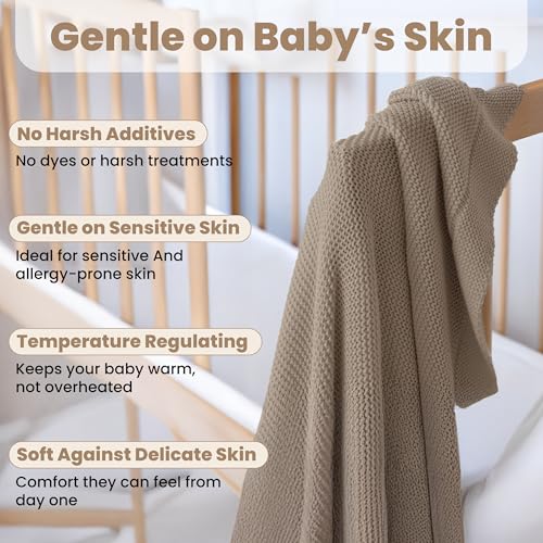 Image of Organic Cotton Baby Blanket 30x40 in, Mocha Meringue - GOTS Certified, Soft Knit Swaddle with Gift Box, Breathable Nursery Blanket for Crib & Stroller, Machine Washable
