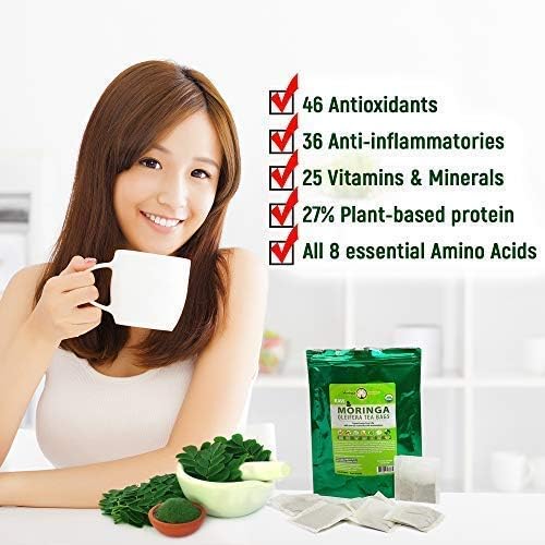Moringa Source, USDA Organic, Raw, Caffeine-Free and Unflavored Moringa Oleifera Herbal Tea Bags (30ct) Packed With Antioxidants