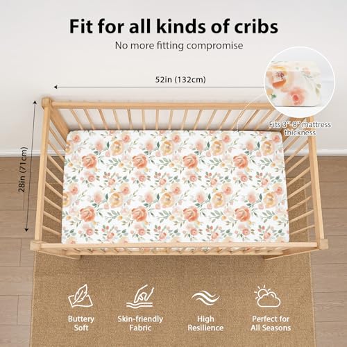 Baby Crib Sheets Girl, 3 Pack Toddler Bed Sheets for 52”x28” Standard Toddler Mattresses, Soft Microfiber Fitted Crib Sheets Neutral Orange Watercolor Flower