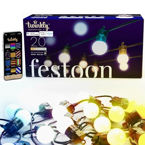Twinkly Festoon App-Controlled LED Bulb Outdoor String Lights w/ 20 AWW (Warm White to Cool White) LED 32.8 ft Patio Lights Black Cable Outside Lights Smart Indoor Outdoor Lights