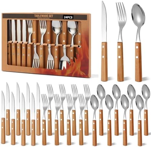 Today's Present Forks and Spoons Silverware Set, 24 Piece Wooden Handle Silverware Set for 8, Wooden Cutlery Stainless Steel Flatware Set with Wood Handle Gift Box Set for Home Kitchen Travel Camping