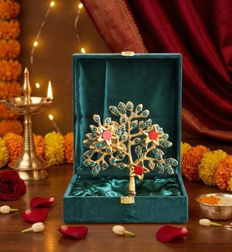 Image of Metal Kalpavriksha Tree for Home Decor - Golden Wish Fulfilling Tree Metal Showpiece for Temple, Vastu, Office Table & Gifting Banyan (No 1 Golden Stone with Box)
