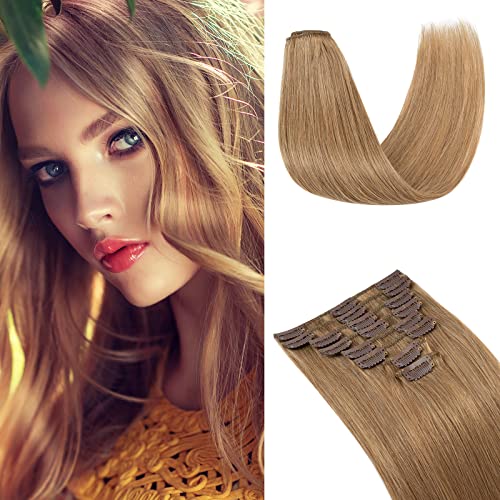 Elailite Hair Extensions Real Human Hair Clip in 8 Pieces (Thin Weft) Remy Natural Hair Full Head Straight, #27 Dark Blonde