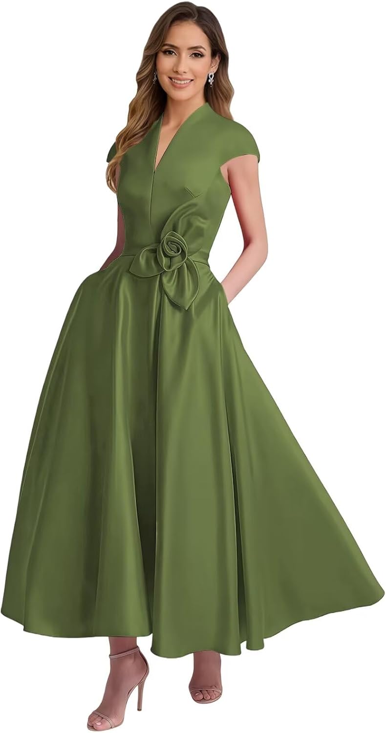Tea Length Satin Mother of The Bride Dresses for Women A Line V Neck Cap Sleeve Formal Evening Party Gowns
