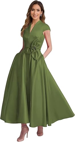 Tea Length Satin Mother of The Bride Dresses for Women A Line V Neck Cap Sleeve Formal Evening Party Gowns
