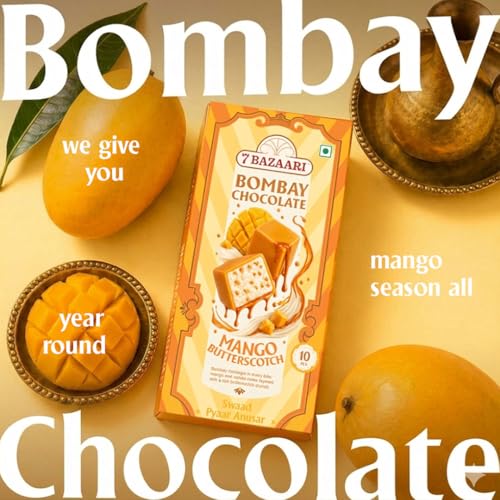 Image of 7 BAZAARI Bombay Mango Vanilla Butterscotch Chocolate, Indian Fusion, Mango White Chocolate Shell, Creamy Vanilla Filling, Butterscotch Crunch, 95 Grams