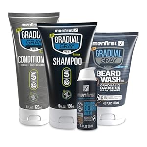 Menfirst Gradual Gray – Good Bye Gray Hair- 3-in-1 Shampoo, Conditioner Beard Wash and Beard Balm for Dark Shades – 4 Pack Bundle
