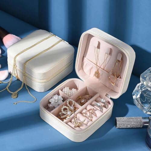 Image of Ballotte Jewellery Organiser PU Leather Zipper Portable Storage Box Case with Dividers Container for Rings, Earrings, Necklace Home Organizer (WHITE BOX)