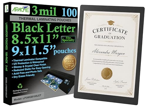 Image of Apache Letter Size Black Back Laminating Pouches, 3 Mil, 100 Pack, Holds 8.5 x 11 Inch Projects (9 x 11.5 Inch Pouch Size), Thermal Laminator Compatible Colored Laminating Sheets, Elite Specialty Line