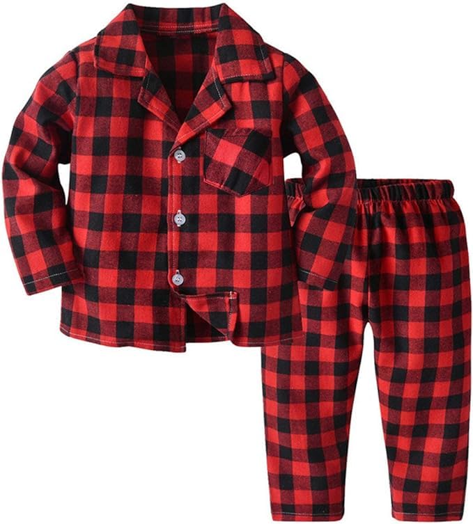 QZH.DUAO Family Plaid Pajamas For Mens, Adult 2-Piece Button Down Flannel Christmas Pjs Sleepwear, Black Red, US S2