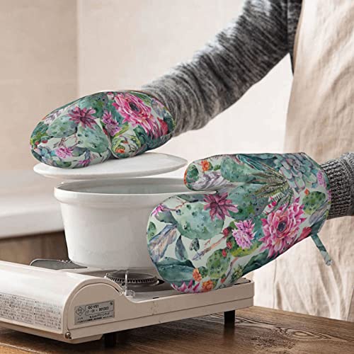 Nelife Floral Cactus Oven Mitts And Pot Holders Sets Of 2,Resistant Recycled Infill Silicone Non-Slip Bbq Gloves For Kitchen,Cooking,Baking,Grilling #TOP6