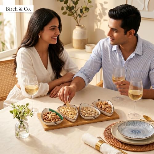 Image of Birch & Co. Ceramic Leaf Serving Platter Set with Wooden Tray - Set of 4 Leaf-Shaped Snack Plates - Serving Tray for Dry Fruits, Sweets, Snacks, Decorative Tableware for Home & Parties, Green