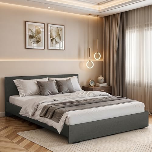 Image of ABOUT SPACE Bed - (80 x 74 inches) King Size Bed Without Storage | Engineered Wooden Bed Frame with Airflow & MDF Support Board for Mattress | 1-Year Warranty Cot for Bedroom - Brila Weave(Linen Grey)