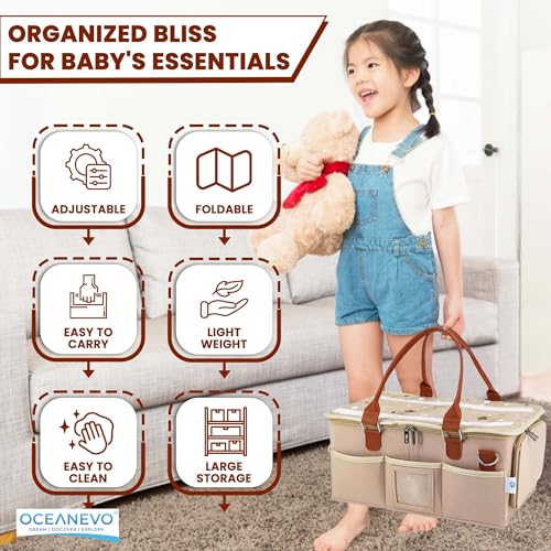 Image of OCEANEVO Cute Diaper Caddy Organizer Bag WITH Lid, Changing Mat & Luggage Tag | New Born Baby Essentials Storage Basket with Compartments and Removable Shoulder Strap | 40 x 27 x 19 Cm - Beige