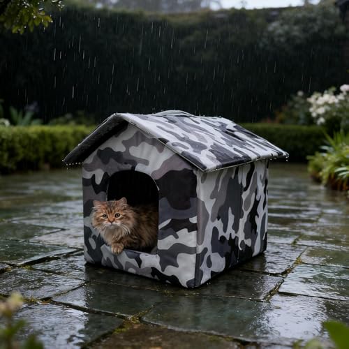 Katzenhaus im Freien – Isoliertes wasserdichtes Unterschlupfzelt, tragbare faltbare Tierhütte, weiches Fleece-Bett | für Veranda, Innenhof, Terrasse, Garten, Wohnung, Hof, Carport, Campingplatz