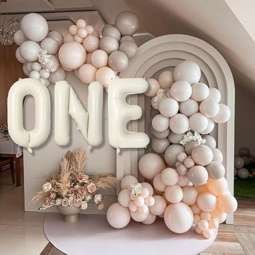 Image of 40 Inch Beige One Balloons for 1st Birthday, Cream White Sand One Balloon Letters with Ribbon, Neutral Ivory Alphabet One Balloon for Boys Girls First Birthday 1 Year Old Baby Shower Party Decorations