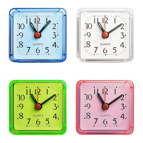 DtgEcd 4 Pcs Alarm Clocks Bedside, Small Silent Travel Alarm Clock with Non Ticking Mechanism, Compact Desk Clock for Bedroom Office Travel, 4 Colors (White Red Green Blue)