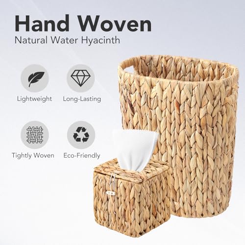 Water Hyacinth Trash Can 15L & Wicker Square Tissue Box, Handwoven Waterproof Waste Basket with Handles, Wicker Home Set for Bedroom, Bathroom, Kitchen, Office, Balcony (Khaki) by BSSN - Image 7