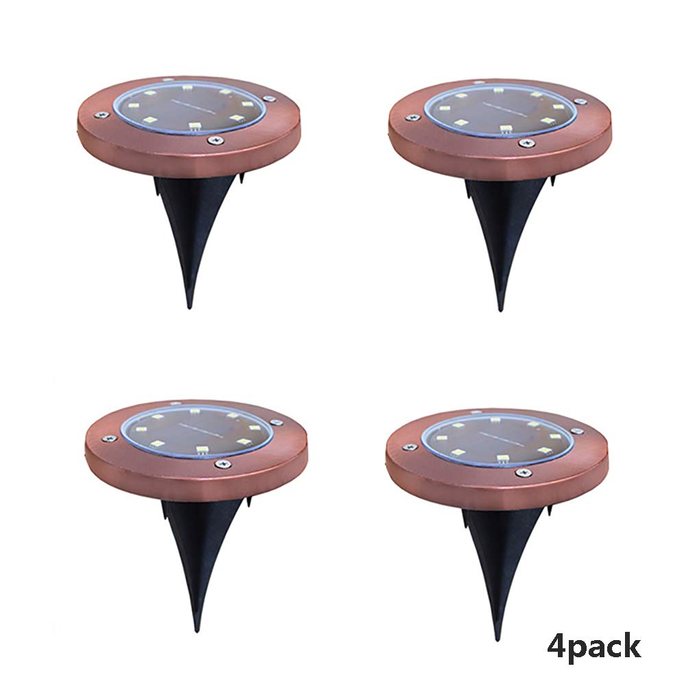 LONGHAI Solar Lights Outdoor Pathway Bright White, Disk Lights 8-Led Solar-Powered Auto On/Off Lighting Waterproof for Yard Deck Lawn Patio Walkway (4 Pack),Bronze,Whitelight