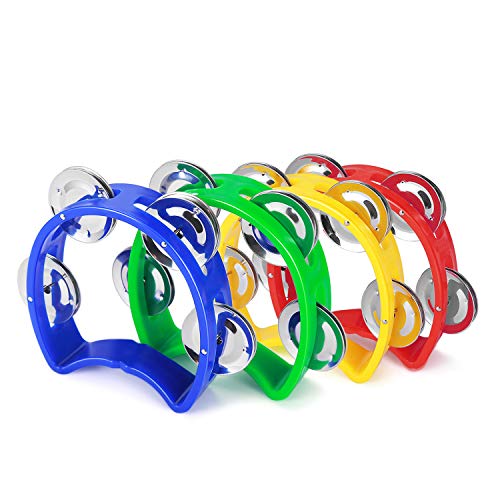 Flexzion Half Moon Musical Tambourine Set Of 4, Red Yellow Blue Green, Double Row Metal Jingles Hand Held Percussion Drum With Ergonomic Handle Grip #TOP11