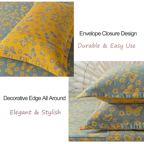 Image of FADFAY Butterfly Sheets Set King Vintage Yellow Grey Floral Bedding Shabby Farmhouse Bedding Super Soft Washed Double -Layer Muslin Sheets 100% Cotton Deep Pocket Fitted Sheet 4Pcs, King Size