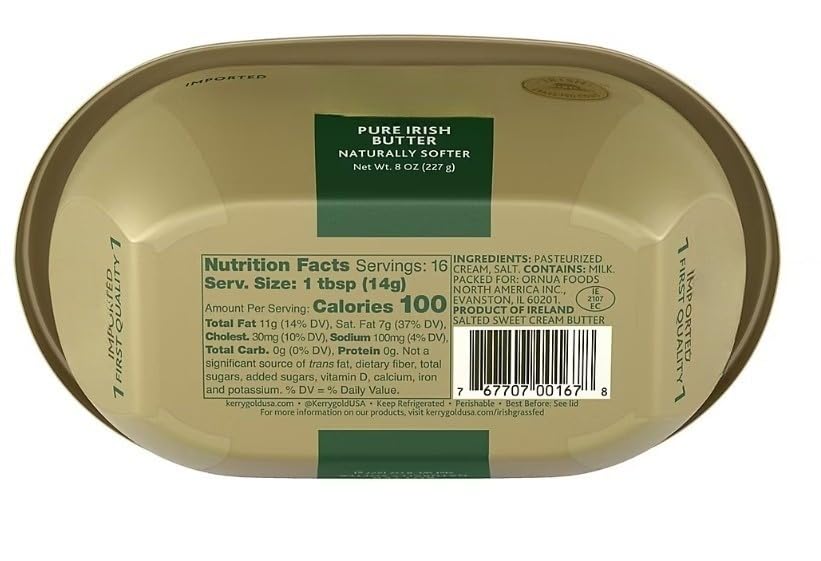 Pure Irish Salted Butter Tub , A special process to gently churn this summer milk to create a softer, more spreadable natural butter , the flavor is creamy, the color remarkably golden, and the all-natural butter is hormone-free. Spread on the outside of soft bread and cheese sandwiches and grill. Or make your own savory spreadable with lime and chili powder and top a flatiron steak or grilled corn in the husk. [ 17.6 oz , 1.1 lb ]