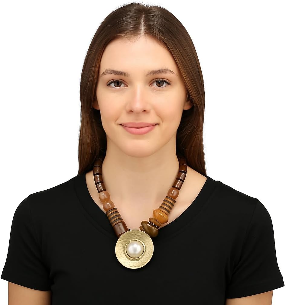 Pearl Pendant Necklace for Women Wood Bead Chunky Statement Resin Gold Color Charm Ethnic Tribal Boho Fashion Vintage Jewelry - Image 3