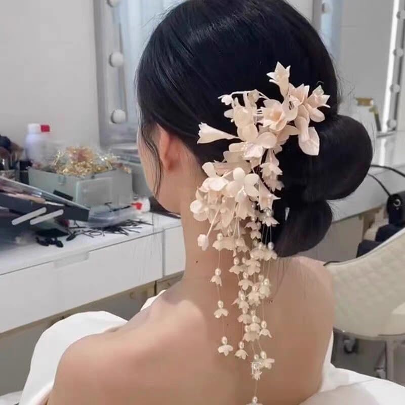 Flower Tassel Wedding Hair Clips Silver Pearl Hair Pieces Headpiece Hair Barrette Hair Pins Floral Bridal Hair Accessories for Women and Girls (White)