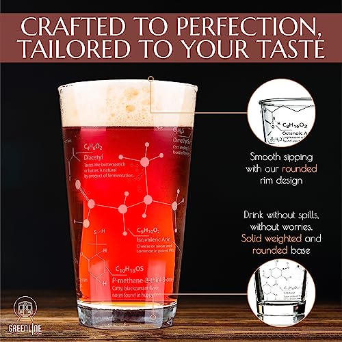 Greenline Goods Beer Glasses - 16 Oz Pint Glass (1 Glass) – Science Of Beer Glassware - Etched With Beer & Hops Chemistry Molecules #TOP3