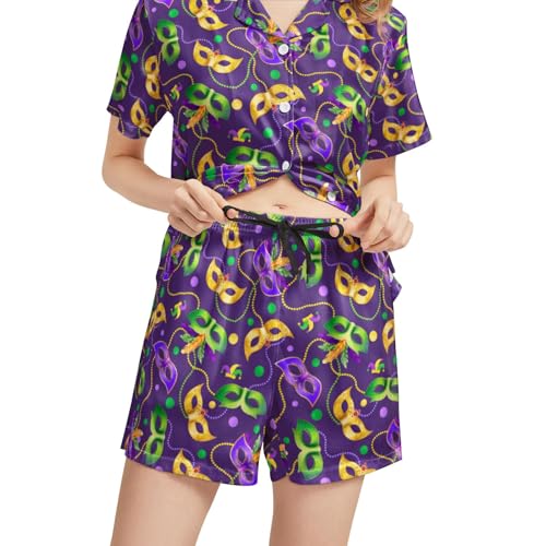 Image of Funny Pajamas for Women Set Print Satin Loungewear Pjs Short Sleeve Button Down Top and Shorts Sets Sleepwear XS-3XL