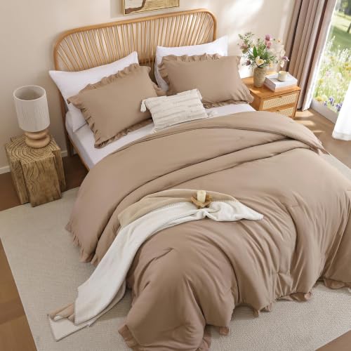 Image of JANZAA Taupe Comforter Set Oversized King - Soft Microfiber, Lightweight All Season Bedding, Ruffle Shabby Chic Aesthetic, Breathable Cozy Bed Set with 2 Pillow Shams, Machine Washable