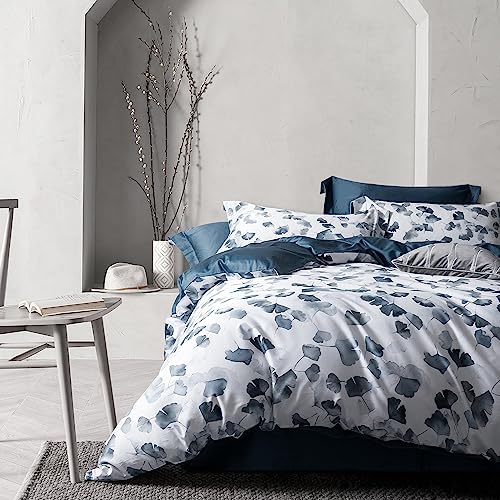 MILDLY 100% Long-Staple Cotton Duvet Cover Set Light Navy Ginkgo Leaf Pattern Printed Comforter Cover 3pcs, Ultra Soft & Breathable Bedding Set