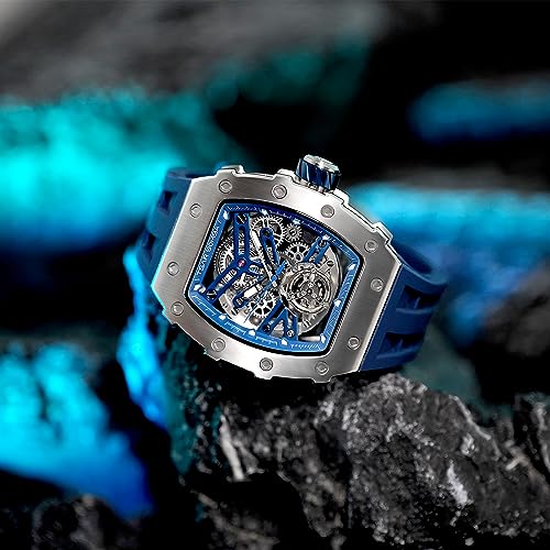 Image of TSAR BOMBA Men's Automatic Watch Tonneau Luxury Skeleton Watches for Men Mechanical 50M Waterproof Analogue Watches Mens Unique Cool Square Big Face Dial Wristwatch with Silicone Strap Band