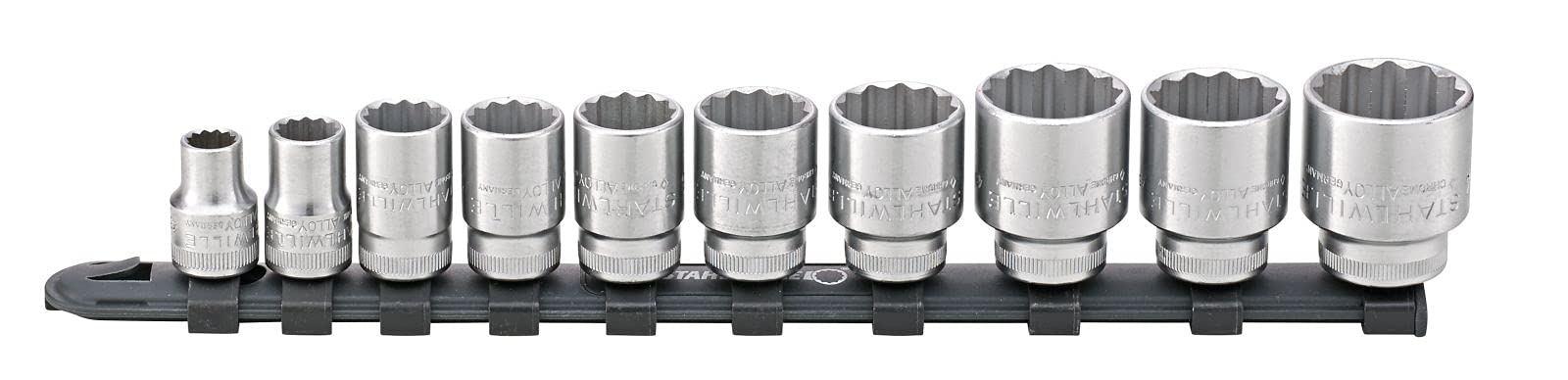 Stahlwille 12917/10-45 l 3/8" (10mm) Steckschlüssel Set mit Clipleiste 10-tlg. l Nüsse 8-24 mm l HPQ-Hochleistungsstahl l Made in Germany