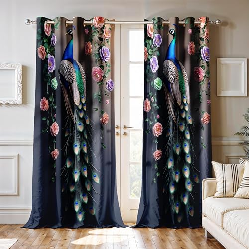 Image of Ultimate Trends Room Darkening Digital Printed Peacock Prints Curtain 65-70% Opacity,Diamond Eyelets, Tie Back, 9 FEET Pack of 1,Brown Gray